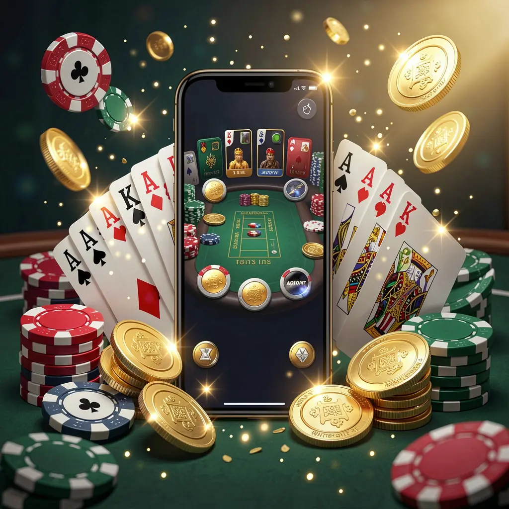 Konsep aplikasi permainan seluler CK798 yang menampilkan ponsel pintar dikelilingi kartu remi, cip rolet, koin emas, dan cahaya berkilauan dalam gaya kasino premium