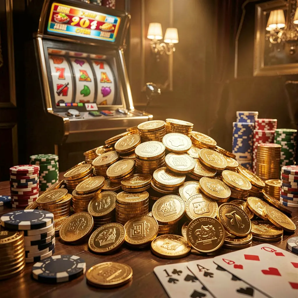 Adegan bonus jackpot CK798 yang menampilkan tumpukan besar koin emas, mesin slot di latar belakang, cip poker, dan kartu remi di bawah pencahayaan kemewahan sinematik