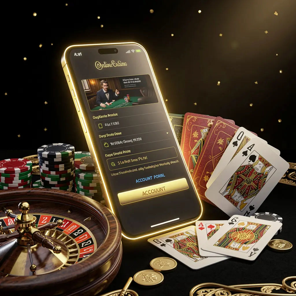 Visual portal akun kasino online CK798 yang menampilkan ponsel pintar bercahaya, kartu premium, cip, roda rolet, dan koin dengan latar belakang hitam dan emas serta pencahayaan sinematik dalam render 3D realistis