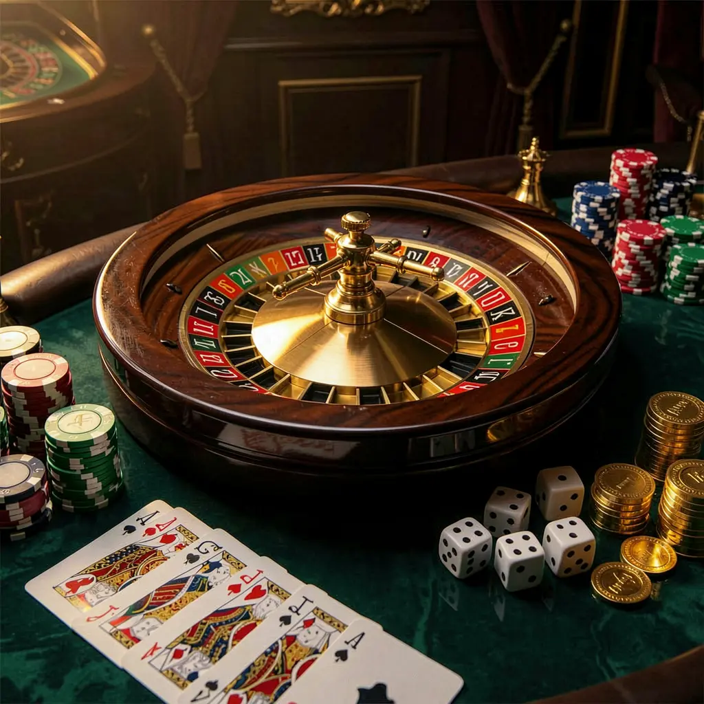 Adegan beranda kasino premium CK798 yang menampilkan roda rolet berputar di atas meja mengilap yang dikelilingi cip poker, dadu, kartu, dan koin emas dengan latar belakang gelap elegan serta pencahayaan sinematik